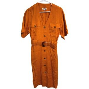 Vintage 80s Depeche Mode Orange Linen Blend Belted Dress Safari Utility Midi 6